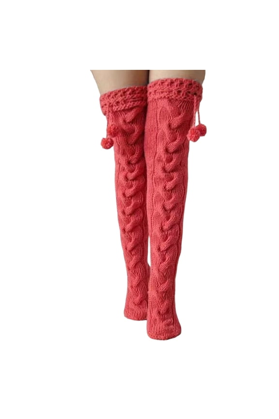 Winter Warm Knitted Socks High Tube Over Knee Leg Warmers Thick Woolen Stacked Stockings Red