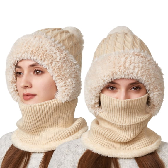UJNDER Winter Warm Lined Scarf Hat Set for Cold Weather Thermal Face Windproof Outdoor Activities Beige_#3 One Size