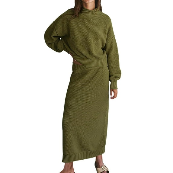 UJNDER Women 2 Piece Sweater Skirt Set Outfits Mock Neck Long Sleeve Sweater Knit Maxi Skirt Sets Comfortable Casual Outfits GN1 S
