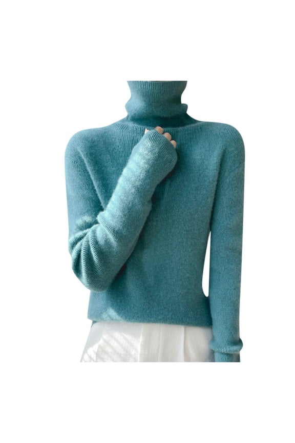Women Autumn Winter High Collar Knitted Sweater with Slim Fit Solid Color Bottoming Shirt Soft Glutinous Pile Collar Blue M