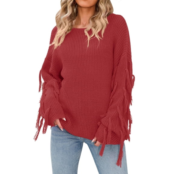 UJNDER Women Casual Large Size Pullover Sweater Tassel Long Sleeve Loose Round Neck Sweater Top Cozy Sweaters for Women Red M