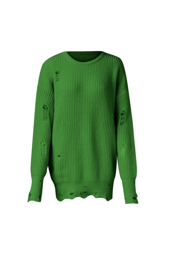 Women Crew Neck Long Sleeve Pullover Top Solid Color Hem Ripped Knit Sweater Edgy Style Green L