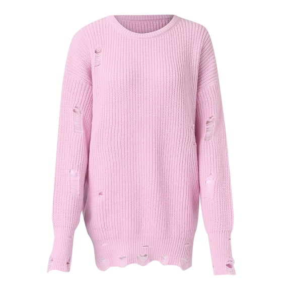 UJNDER Women Crew Neck Long Sleeve Pullover Top Solid Color Hem Ripped Knit Sweater Edgy Style Red L