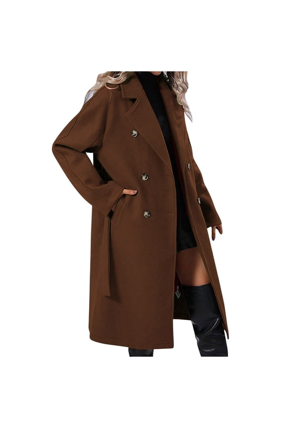 Women Elegant Wool Coat Lapel Collar Double Mid Long Winter Overcoats with Belted Pockets Trench Coat Women Style Brown XL