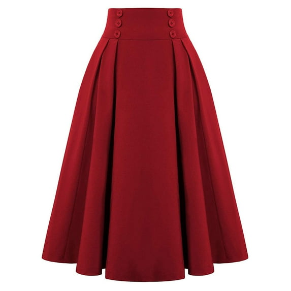 UJNDER Women Fashion Casual Skirt With Pockets Vintage High Waist Pleated Comfortable Red S