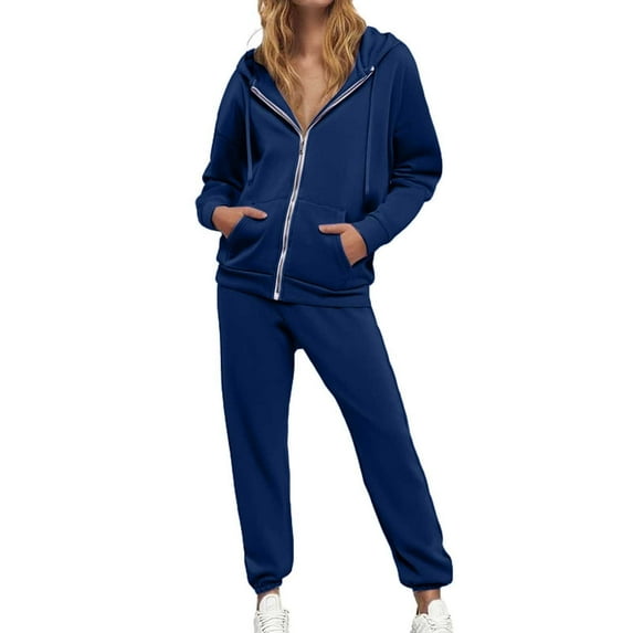 UJNDER Women Fashion Solid Casual Drawstring Hoodie High Waist Trousers Two Piece Set Pant Suits for Women Navy XXL