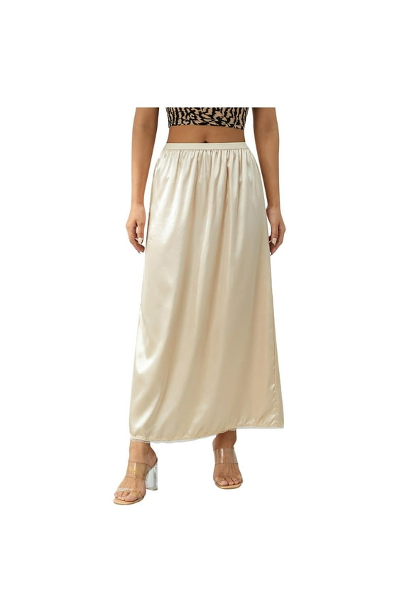 Women Half Slip Soft Satin Half Slip Lace Long Underskirt Comfortable Fall Skirts for Women Beige L