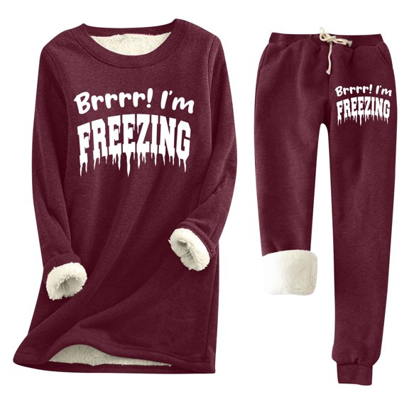 UJNDER Women Lined Sweatsuit Letter Print Winter Warm Crewneck Tops Joggers 2 Piece Outfit Thermal Underwear for Women Wine XL