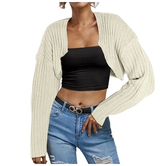 UJNDER Women Long Sleeve Ribbed Knit Crop Cardigan Solid Loose Drop Shoulder Crop Sweater Top Beige L