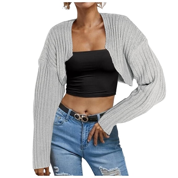 UJNDER Women Long Sleeve Ribbed Knit Crop Cardigan Solid Loose Drop Shoulder Crop Sweater Top Silver XL