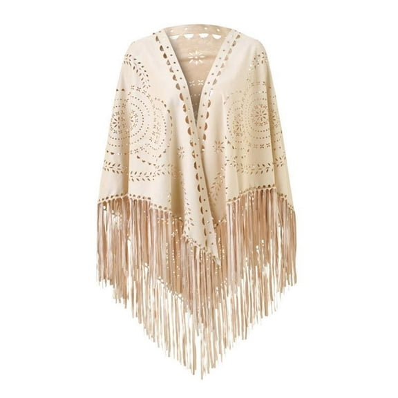 UJNDER Women Loose Suede Fringes Open Cape Poncho Scarf with Punch Pattern Graceful Fringes for Fashionable Beige