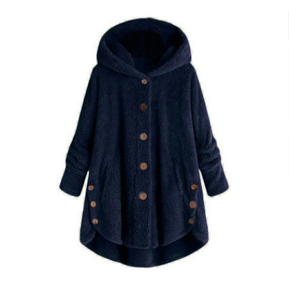 UJNDER Women Plus Size Button Tops Hooded Loose Cardigan Wool Coat Winter Jacket for Women Navy XXL