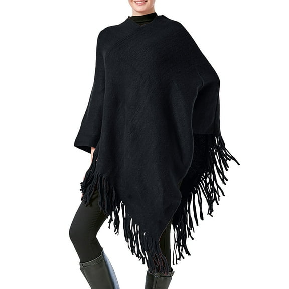 UJNDER Women Poncho Sweater V Neck Solid Knit Pullover Cape Lightweight Shawl Elegant Wrap with Fringes Black