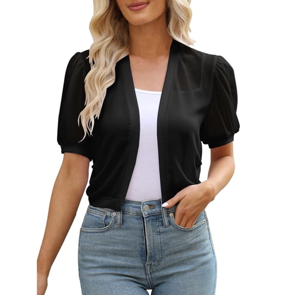 UJNDER Women Puff Sleeve Summer Cropped Sheer Jackets Cardigan for Women Black L