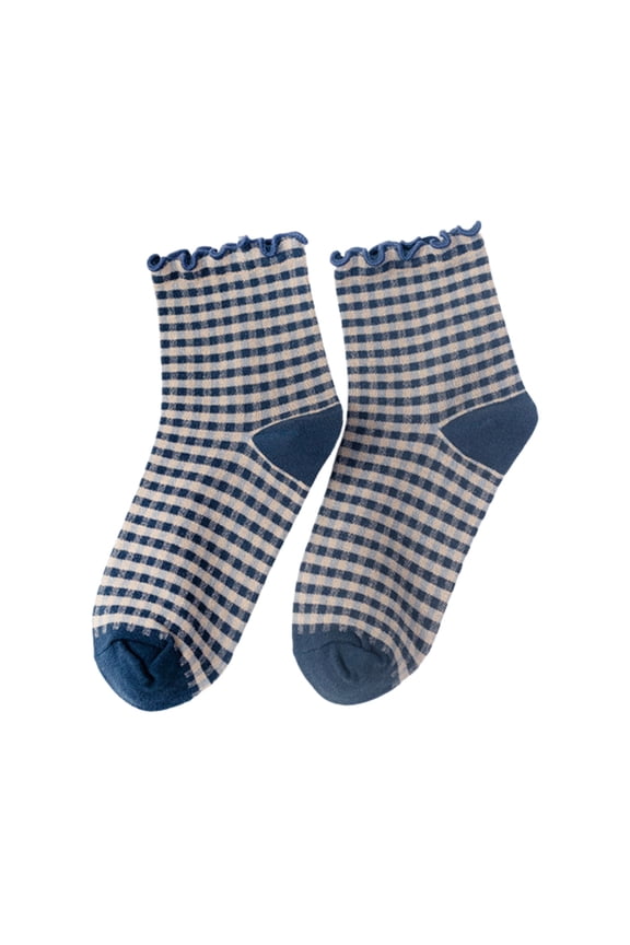 Women Ruffled Striped Color Block Knit Stockings Casual Crew Socks Fashion Navy