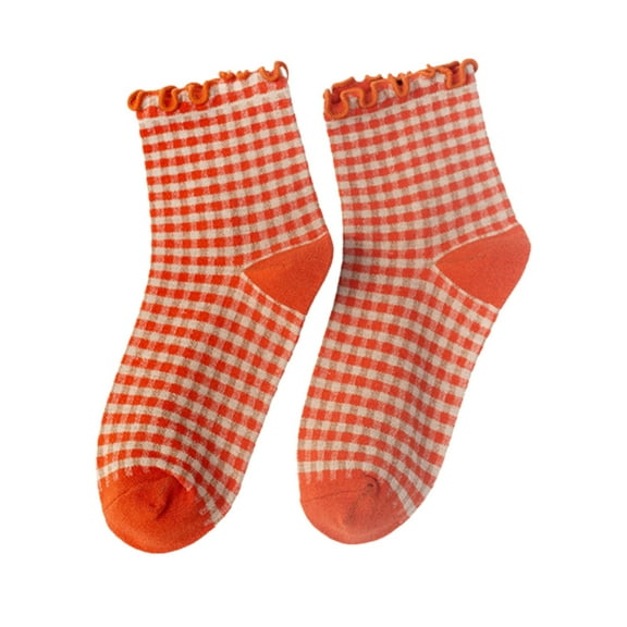 UJNDER Women Ruffled Striped Color Block Knit Stockings Casual Crew Socks Fashion Orange