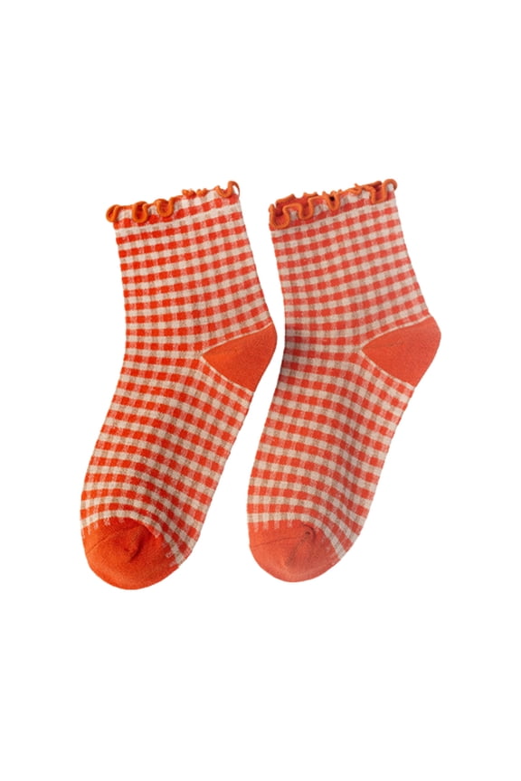 Women Ruffled Striped Color Block Knit Stockings Casual Crew Socks Fashion Orange