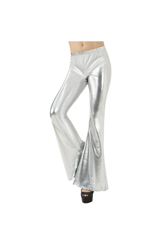 Women Shiny Metallic Flared Pants High Waisted Stretchy Bottom Wide Leg for Fashion Forward Silver M