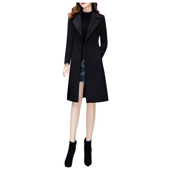 UJNDER Women Slim Windbreaker Double Long Trench Coat Women Jacket Overcoat Outwear Black L