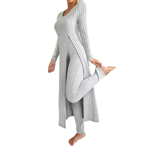 UJNDER Women Solid Design Round Neck Slit Long Sleeve Long Dress and Long Pants Two Piece Set Pant Suits for Women Grey L