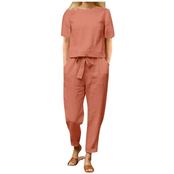UJNDER Women Summer Solid Color Casual Cotton and Linen Short Sleeve Round Neck Loose Wide Leg Pants Suit Pant Suits for Women Red M