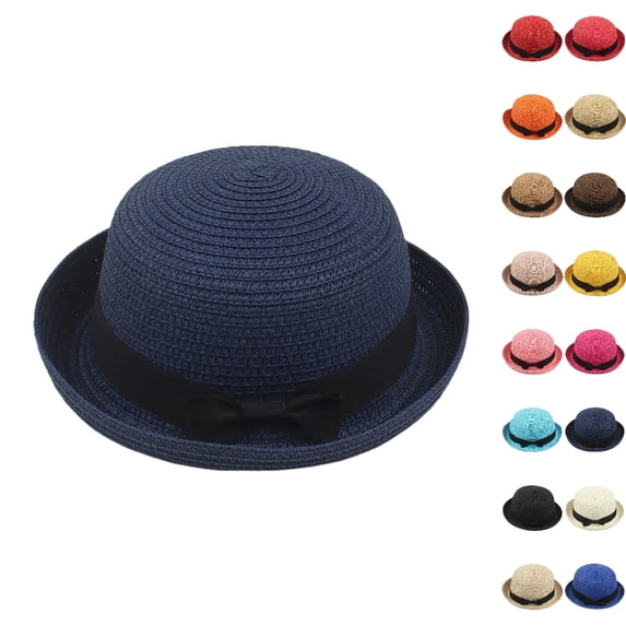 UJNDER Women Sun Hat Bow Flat Top Small Brim Bridal Shower Beach Hat with Flower Summer Hat for Women Navy,One Size