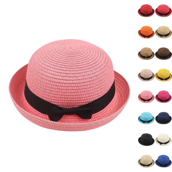 UJNDER Women Sun Hat Bow Flat Top Small Brim Bridal Shower Beach Hat with Flower Summer Hat for Women Pink,One Size