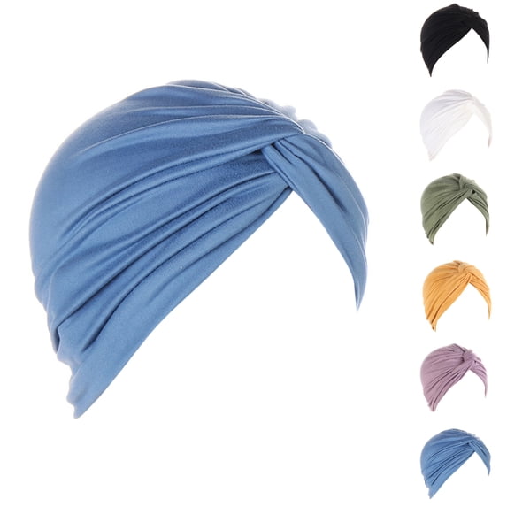 UJNDER Women Turban Knot Tied Bonnet Cap Headwrap Solid Color Stretch Hair Wrap Blue,One Size