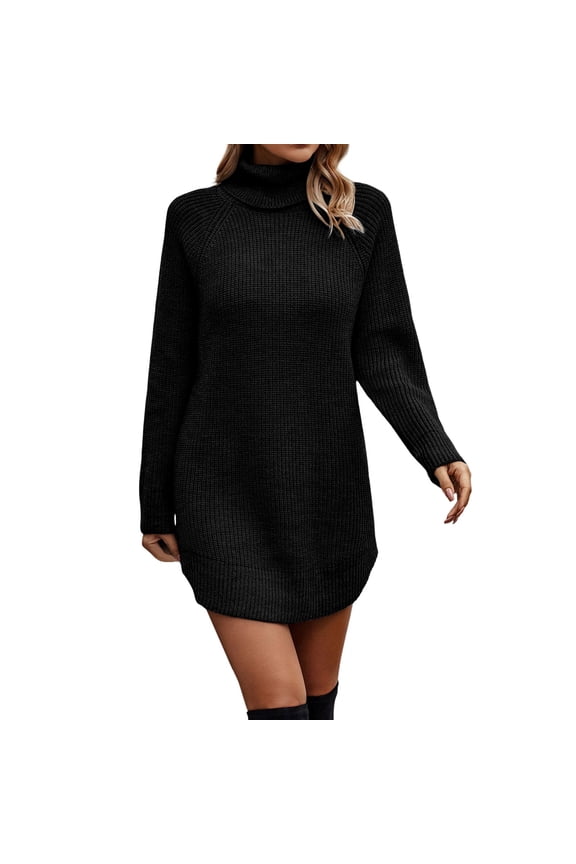 Women Turtleneck Long Sleeve Knit Elasticity Slim Tunic Sweater Dress Black S