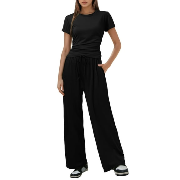UJNDER Women Two Piece Casual Suit Pleated Short Sleeve Top and High Waisted Wide Leg Pants Tracksuit Set Pant Suits for Women Black S