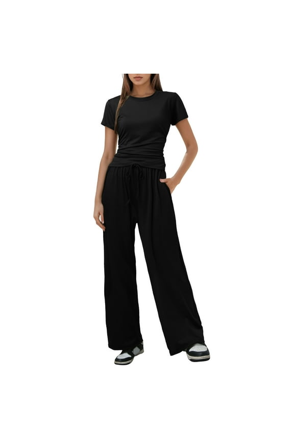 Women Two Piece Casual Suit Pleated Short Sleeve Top and High Waisted Wide Leg Pants Tracksuit Set Pant Suits for Women Black S