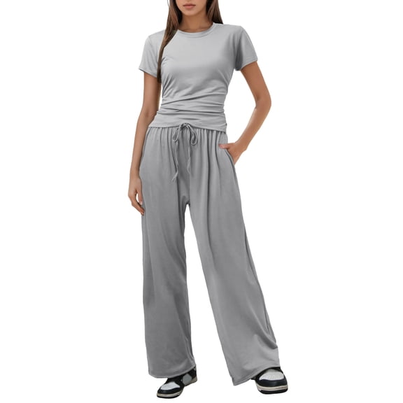 UJNDER Women Two Piece Casual Suit Pleated Short Sleeve Top and High Waisted Wide Leg Pants Tracksuit Set Pant Suits for Women Grey S