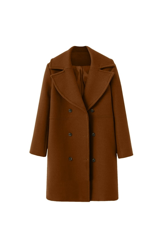 Women Winter Wool Blend Mid Long Coat Notch Double Lapel Jacket Outwear Trench Coats for Women Brown M
