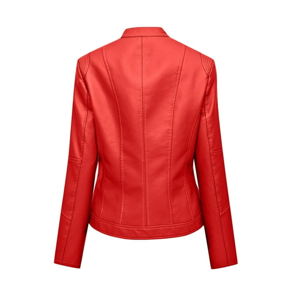 UJNDER Women Zipper Casual Leather Soft Motorcycle Jacket Short Coat for Women Red L