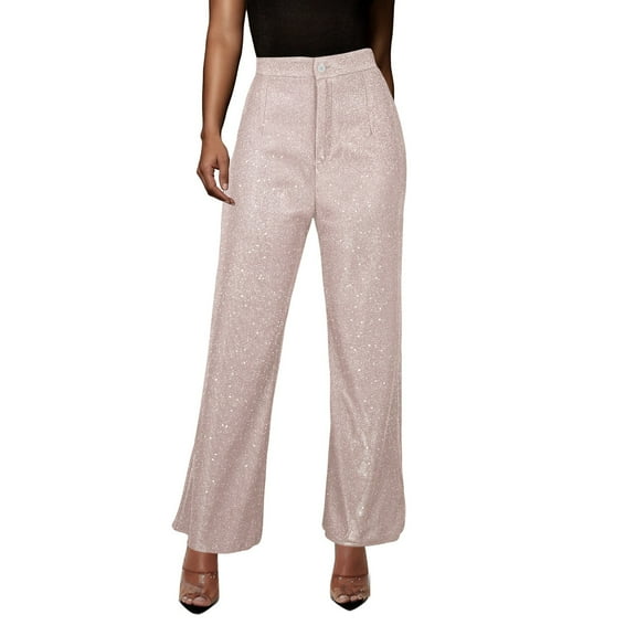 UJNDER Women's 2023 Sequin Fashion Casual High Waist Retro Wide Leg Trousers for Evening Events Pink M