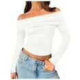 thumbnail image 1 of UJNDER Women's 2025 Fashion Long Sleeve Off Shoulder Tops for Women Slim Fitted Crop Top for Fall Outfits White M, 1 of 7