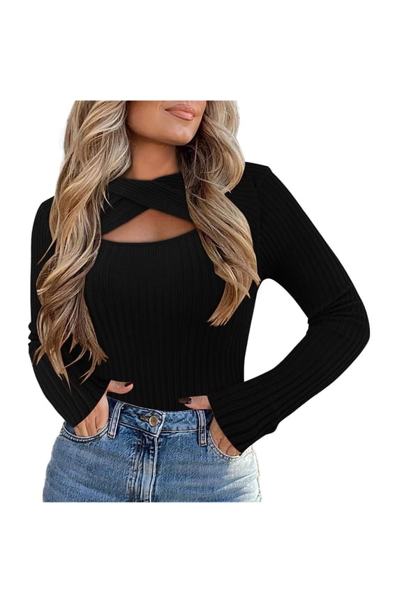 Women's 2025 Pullover Sweaters Long Sleeve Cutout Knit Lightweight Crew Neck Fall Tops Black One Size