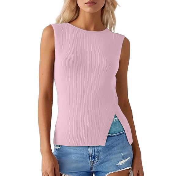 UJNDER Women's Asymmetric Button Side Slit Ribbed Sleeveless Boat Neck Knit Vest Fashion Statement Red XL