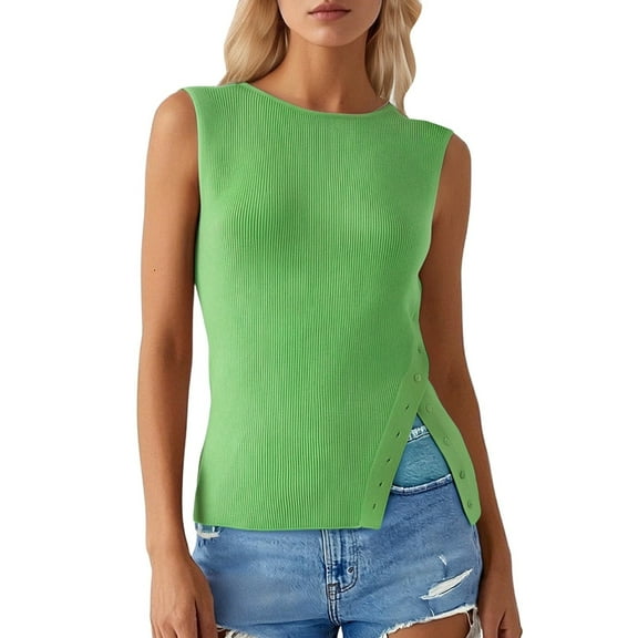 UJNDER Women's Asymmetric Button Side Slit Ribbed Sleeveless Boat Neck Knit Vest Unique Design Green L