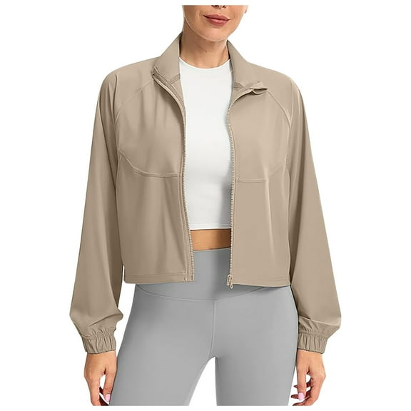 UJNDER Women's Athletic Workout Jacket Lightweight UPF 50 Plus Long Sleeve Shirts Zip Up Cropped Sun Jacket Sun Protection Yoga Cropped Jacket Khaki M
