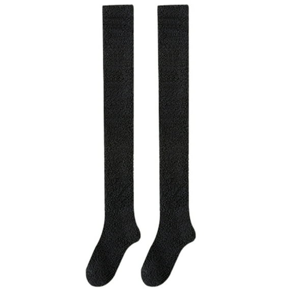 UJNDER Women's Autumn Winter Solid Color Coral Velvet Over Knee Socks Thickened Warm Home Sleep Stockings Black