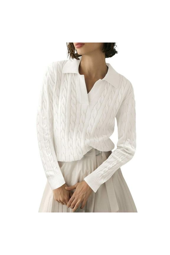 Women's Autumn Winter Sweater Polo Tops Versatile Classic Knit Striped Style for Everyday Wear White XXL