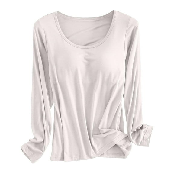 UJNDER Women's Built In Bra T Shirt Warm Top for Padded Long Sleeve Tops Blouses and Casual Workout Wear White M