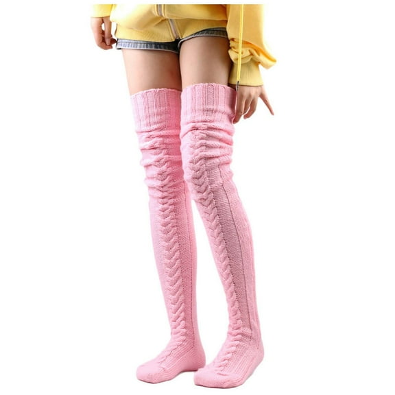 UJNDER Women's Cable Knit Over Knee Long Wool Socks Thigh High Stockings Boot Socks Pink