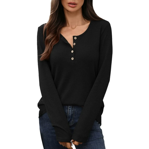 UJNDER Women's Casual Long Sleeve Button Down T Shirt Soft Comfortable Loose Fit Round Neck Solid Tops for Women Everyday Blouse Black M