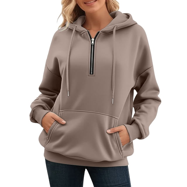 UJNDER Women's Casual Long Sleeve Zip Hoodie with Pockets for Everyday Comfort Khaki S