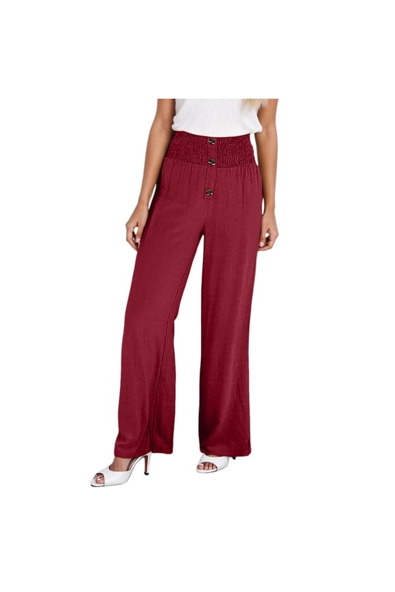 Women's Casual Pants High Waist Elastic Wide Leg Trousers Solid Color Stretchy Everyday Wear Red S