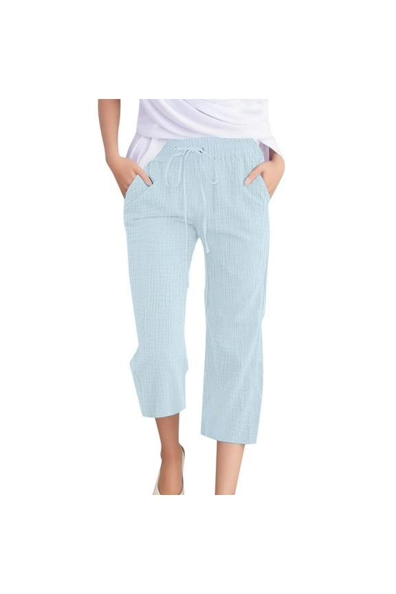 Women's Casual Solid Color 7/8 Pants Weave Breathable Cropped Trousers Light Blue L