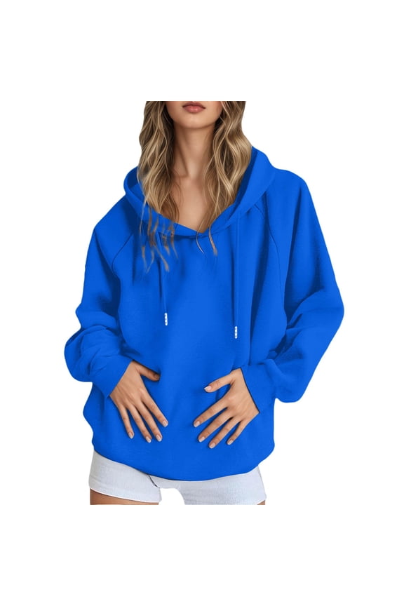 Women's Casual Solid Color Pullover Hoodies Raglan Sleeve Lightweight Warm Hooded Jacket Blue M