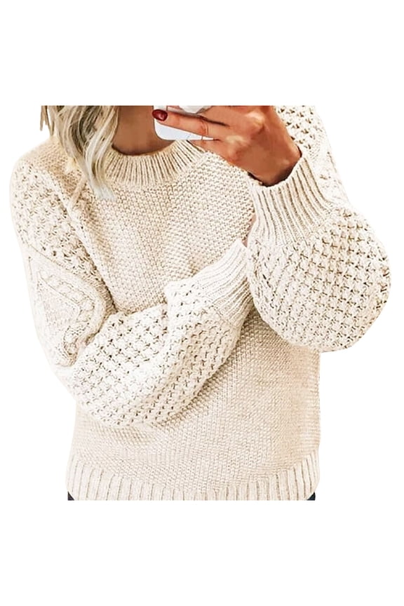 Women's Casual Solid Color Thickened Warm Sweater Patchwork O Neck Top Winter Beige M